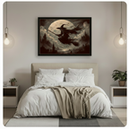 Black framed gothic witch on broomstick flying over full moon dark castle atmospheric sepia painting centered above bed as dramatic bedroom wall decor