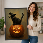 Smiling woman holding a large framed Halloween canvas print showing a black cat with witch hat on a jack-o-lantern, demonstrating print size and ready-to-hang quality