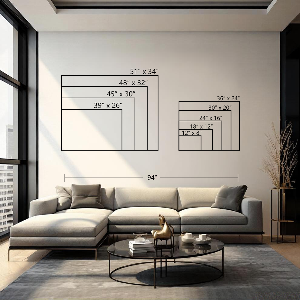 Six silly dogs canvas wall art size comparison — all 9 horizontal sizes from 12x8 to 51x34 shown to scale for American home dog lover decor
