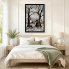 Witch in dark enchanted forest framed wall art above a neutral Scandinavian bedroom bed, whimsical halloween gothic print as statement bedroom wall decor