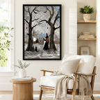 Moody witch laundry day in bare winter forest framed poster beside a Scandinavian armchair, dark academia halloween wall art with broomstick and black cat