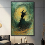 Gothic witch silhouette oil painting in a black frame, dark teal and gold swirl canvas wall art, displayed in a moody living room with candlestick holders on a dark console table