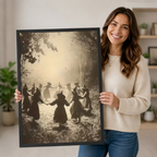 Woman holding a large black-framed vintage sepia witches circle dance wall art print – Halloween gothic forest poster home decor